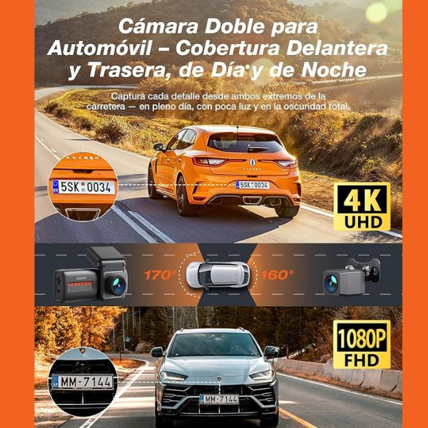 Dashcam con Camara Frontal y Trasera, WiFi 6 ,Tarjeta 32G, 4K+1080P , Pantalla 2.99", App