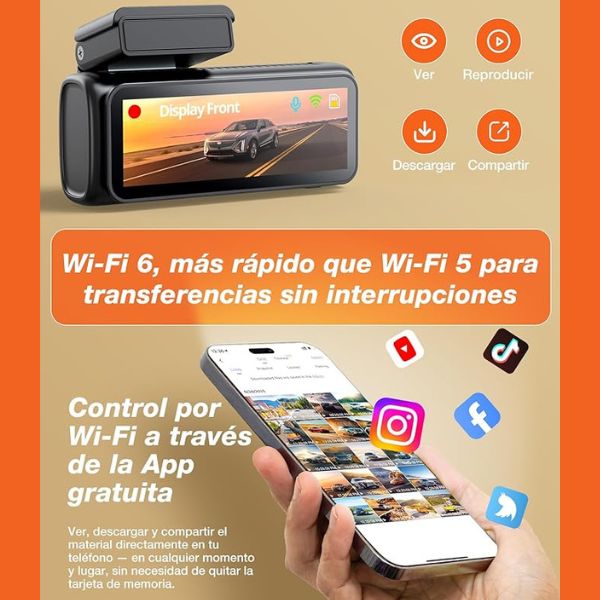 Dashcam con Camara Frontal y Trasera, WiFi 6 ,Tarjeta 32G, 4K+1080P , Pantalla 2.99", App