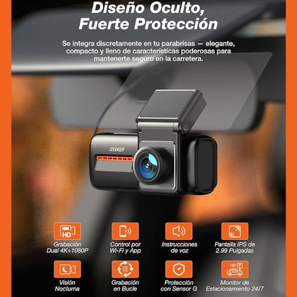 Dashcam con Camara Frontal y Trasera, WiFi 6 ,Tarjeta 32G, 4K+1080P , Pantalla 2.99", App